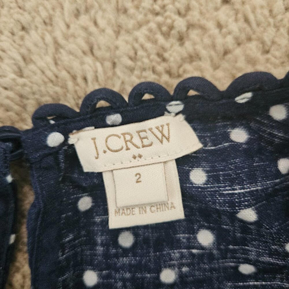 J. Crew Women Size 2 Navy White Polka Dot Sleeveless Linen Cotton Blouse Top - Picture 5 of 6